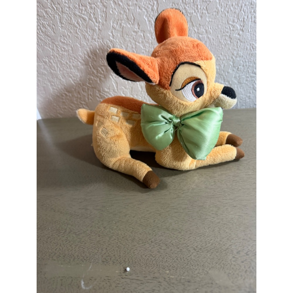Disney Store Bambi Plush Stuffed Animal Reclining Fawn with Green Bow Tie 8 inch